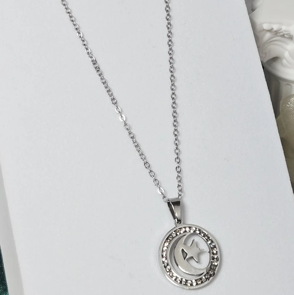 Crescent Moon Star Necklace Silver CZ Crystal Celestial Pendant Stainless Steel